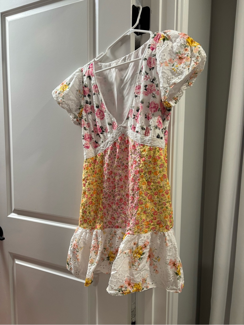 Altar'd State Floral Patchwork Mini Dress in Pink and Yellow